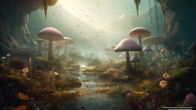 Een digitaal schilderij van paddenstoelen in een beek