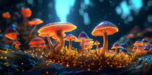 Een digitaal schilderij van paddenstoelen in het donker