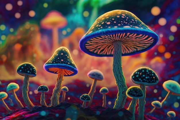 Een digitaal schilderij van paddenstoelen met gloeiende lampjes