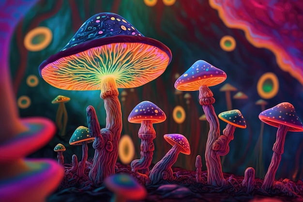 Een digitaal schilderij van paddenstoelen met gloeiende lampjes