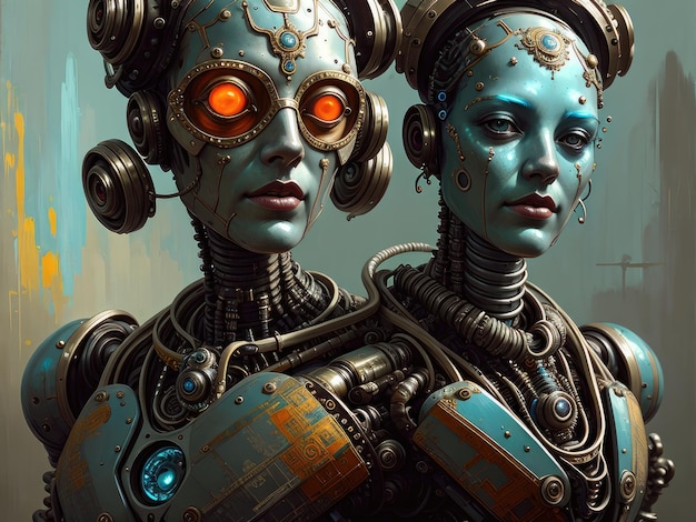 Een digitaal schilderij van twee robots met op de voorkant het woord robot.