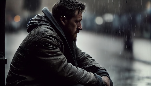 Een digitale 3D-illustratie van een man die buiten in de regen zit terwijl hij denkt dat hij alleen is