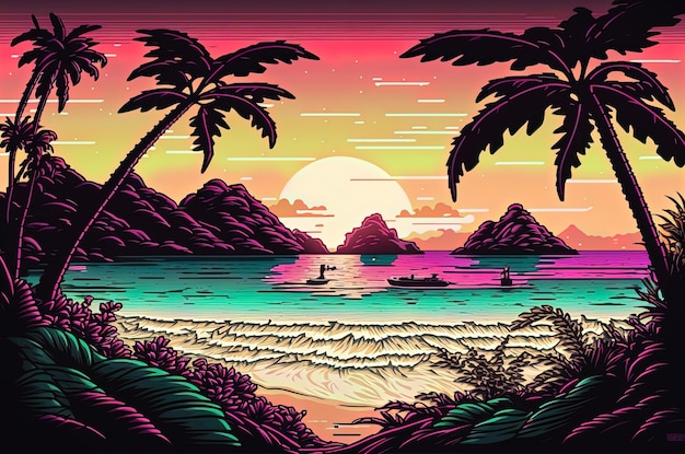 Een digitale afbeelding van een strand met een zonsondergang en palmbomen.