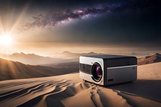 Een digitale camera in de woestijn met het woord fotografie erop