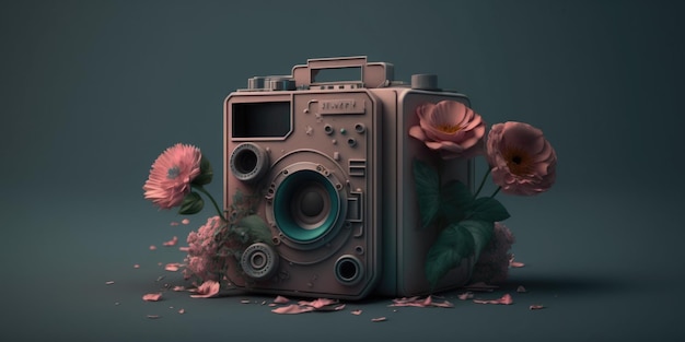 Een digitale camera met bloemen erop en onderaan het woord camera.