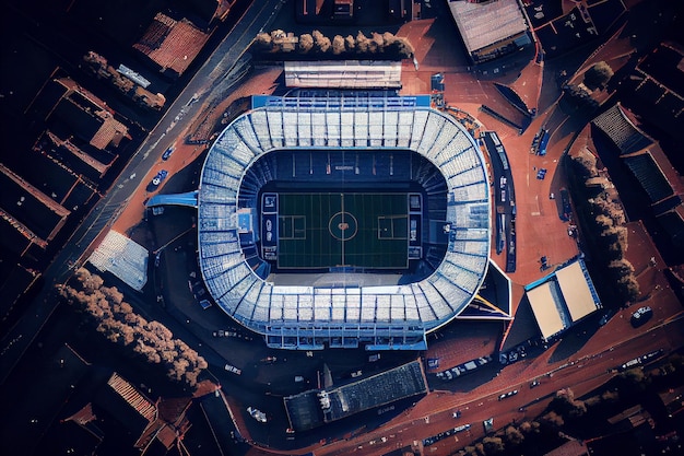 Een digitale composiet van een stadion met een blauw dak en een witte en gouden spandoek.