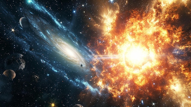 Een digitale illustratie toont het conceptuele idee van een universum met sterrenstelsels en een supernova die het kosmische fenomeen en de uitgestrektheid van de ruimte toont