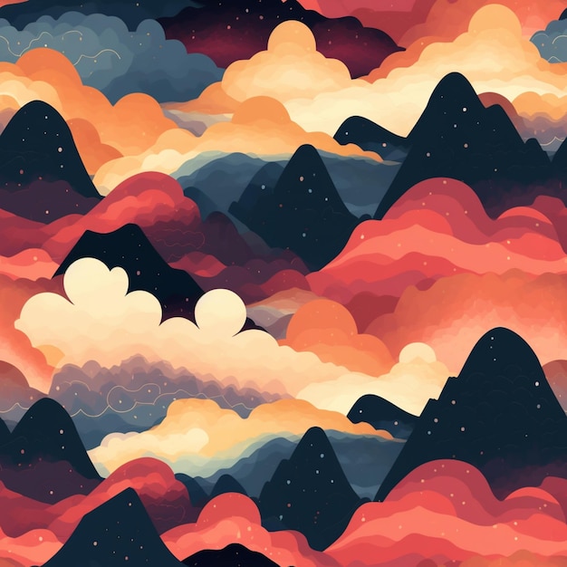 Een digitale illustratie van bergen en wolken met een hemelachtergrond