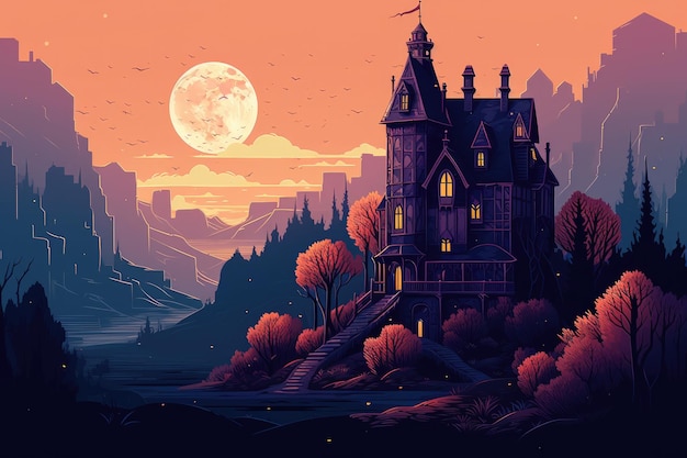 Een digitale illustratie van een achtervolgd kasteel tijdens Halloween-nacht