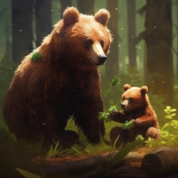 Een digitale illustratie van een beer en een welp in het bos.