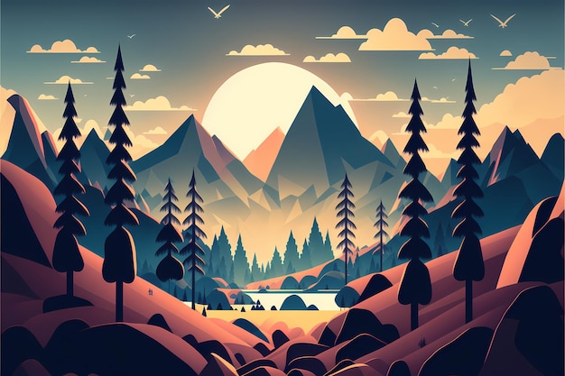 Een digitale illustratie van een berglandschap met bergen en bomen.