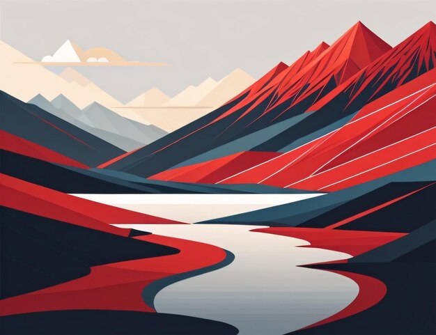 Een digitale illustratie van een berglandschap met bergen en een rivier.