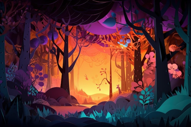 Een digitale illustratie van een bos met een paarse en oranje achtergrond.