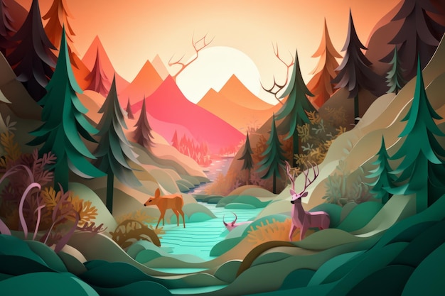 Een digitale illustratie van een bos met herten en bergen.