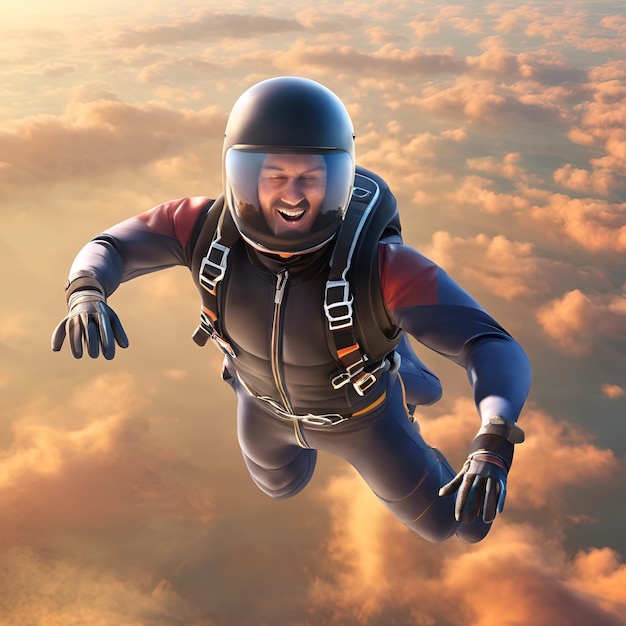 Een digitale illustratie van een competitieve skydiver in vrije val met de aarde eronder