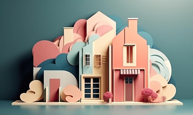 Een digitale illustratie van een huis met een blauwe achtergrond en een huis met het rode dak abstract huis trendy papier collage design generatieve AI