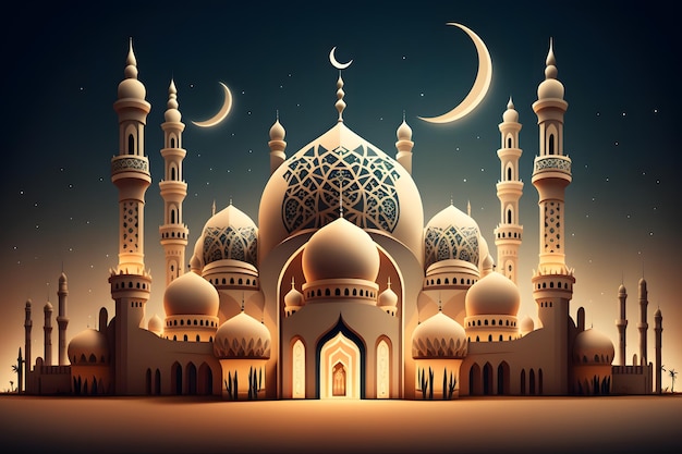 Een digitale illustratie van een moskee met een maan en sterren.