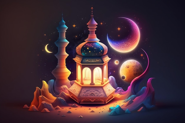 Een digitale illustratie van een moskee met een maan en sterren.