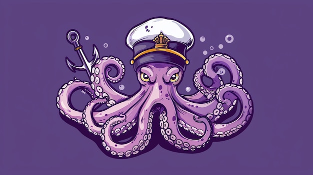 Foto een digitale illustratie van een paarse octopus die een kapiteinshoed draagt. de octopus heeft zijn tentakels om een anker gekropen.