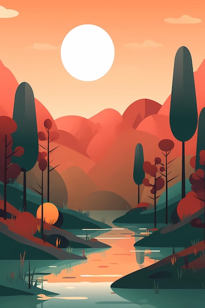 Een digitale illustratie van een rivier met een zonsondergang op de achtergrond.