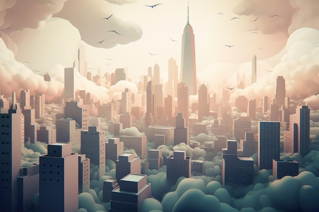 Een digitale illustratie van een stad met een wolkenkrabber op de achtergrond.