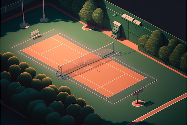 een digitale illustratie van een tennisbaan met een bord waarop tennisbaan staat.