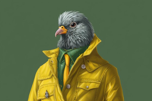 Een digitale illustratie van een vogel die groen draagt