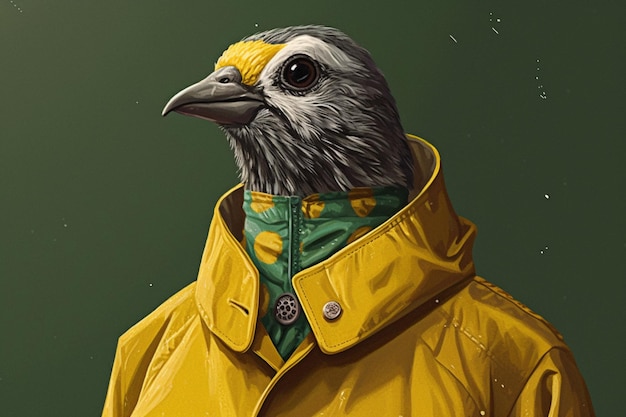 Een digitale illustratie van een vogel die groen draagt