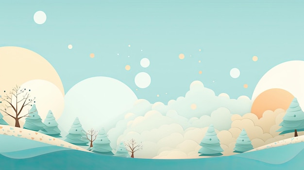 Een digitale illustratie van een winters tafereel met bomen en wolken.