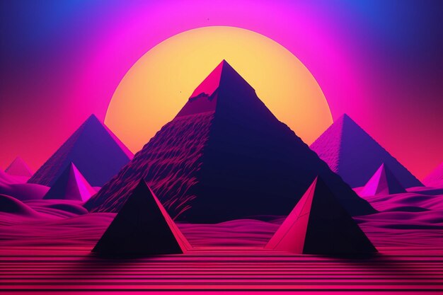 Een digitale illustratie van een woestijn met een piramide in het midden.