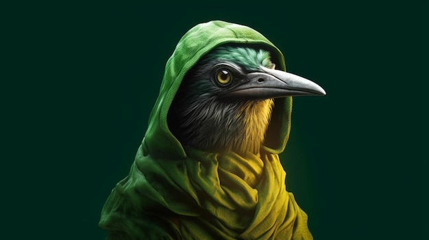 Een digitale kunst afdruk van een vogel met een groene kap