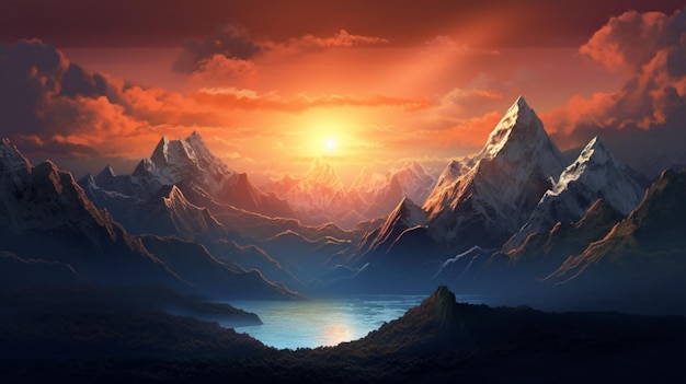 Een digitale kunst van bergen met de zon die schijnt
