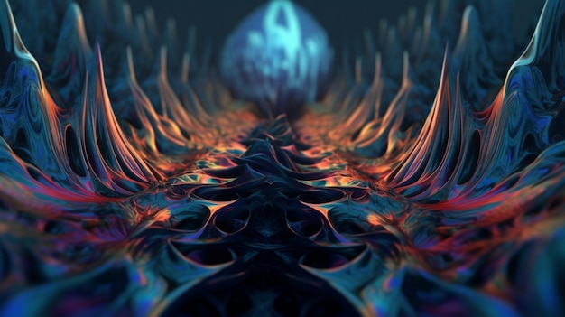 Een digitale kunst van een blauw en oranje vreemd schepsel met een grote steen in het midden.