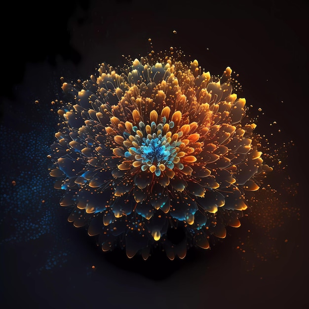 Een digitale kunst van een bloem met een blauw en oranje patroon.