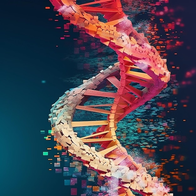 Een digitale kunst van een DNA dubbele helix met een blauwe achtergrond.