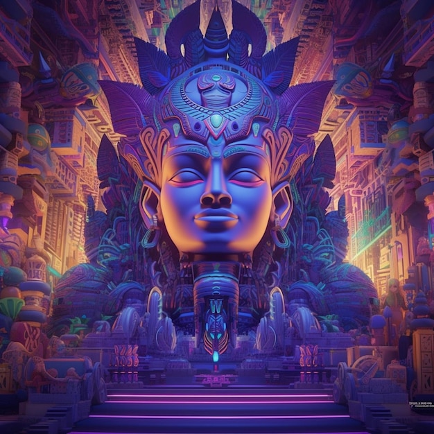 Een digitale kunst van een groot standbeeld van een god met een paarse achtergrond.