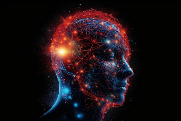 Een digitale kunst van een man met een neonblauw en rood brein
