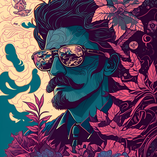 Een digitale kunst van een man met zonnebril en een bloemenachtergrond.