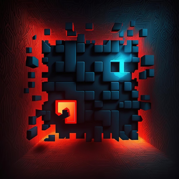 Een digitale kunst van een persoon die door een muur breekt met een rode doos in het midden.