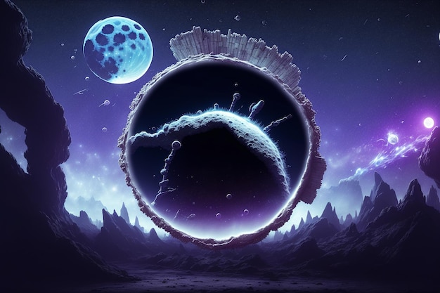Een digitale kunst van een planeet met een maan en de maan op de achtergrond