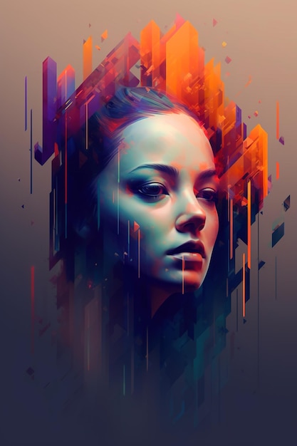 Een digitale kunst van het gezicht van een vrouw met een blauwe en oranje achtergrond
