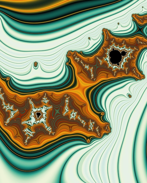 Een digitale kunstafdruk van een groene en oranje werveling met een zwart gat in het midden.