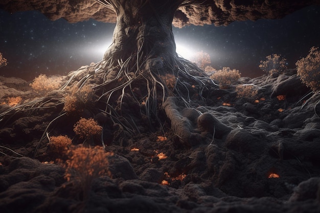 Een digitale kunstillustratie van een boom met de blootgestelde wortels.