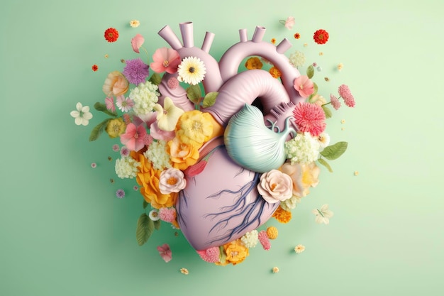 Een digitale kunstillustratie van een hart met bloemen en bladeren.