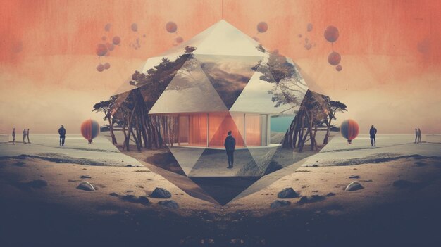 Foto een digitale kunstillustratie van een piramide met een man die ervoor staat.