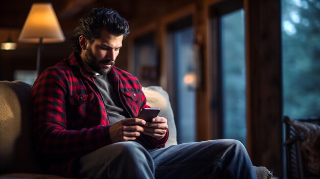 Een digitale nomade in een rood geruit overhemd zit in een stoel en kijkt naar zijn mobiele telefoon