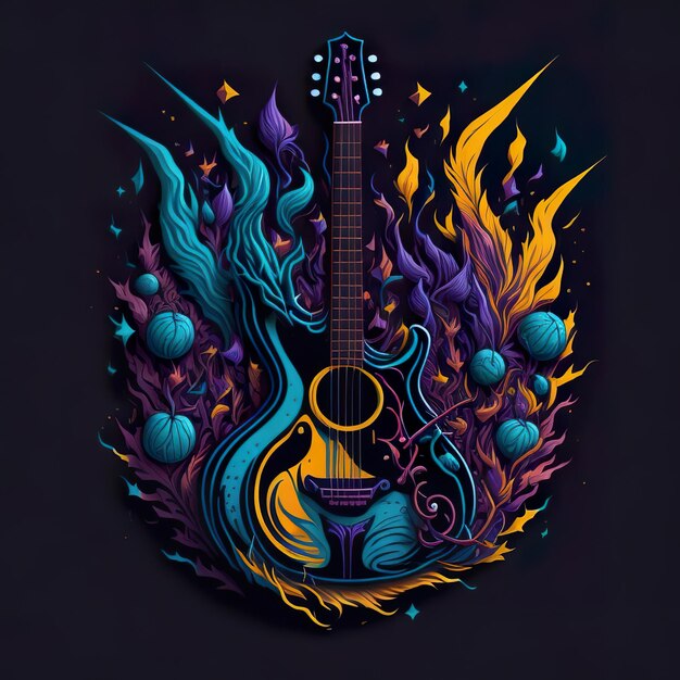 Een digitale tekening van een gitaar met een blauwe achtergrond en de woorden "muziek" erop.