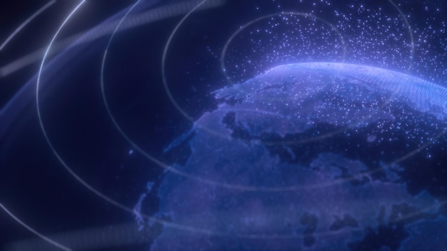 Een digitale weergave van de blauwe aarde met gloeiende lijnen die de planeet omringen en de hoogtepunten benadrukken