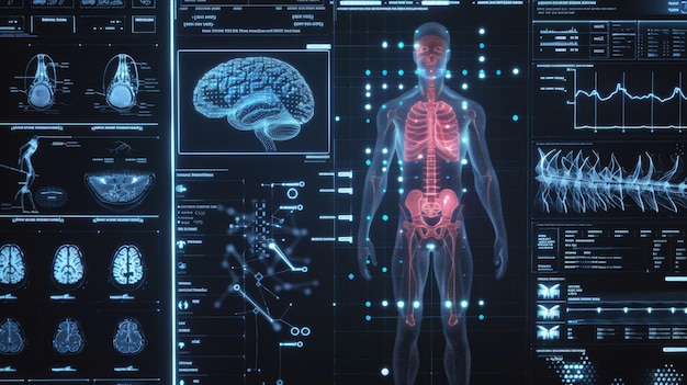 Een digitale wetenschappelijke interface wordt gebruikt om lichaamsdelen te analyseren met behulp van hersenröntgenfoto's vingerafdrukken DNA en puls signalisatietechnologie