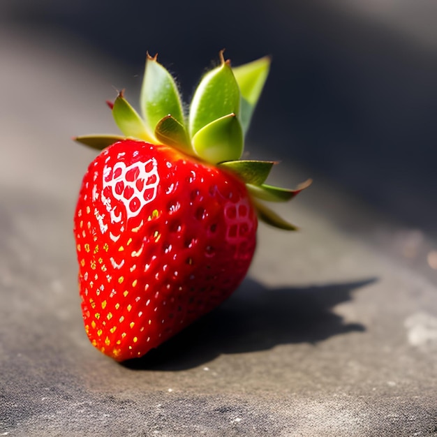 een dikke en sappige aardbei zit bovenop een bed van weelderige groene bladeren